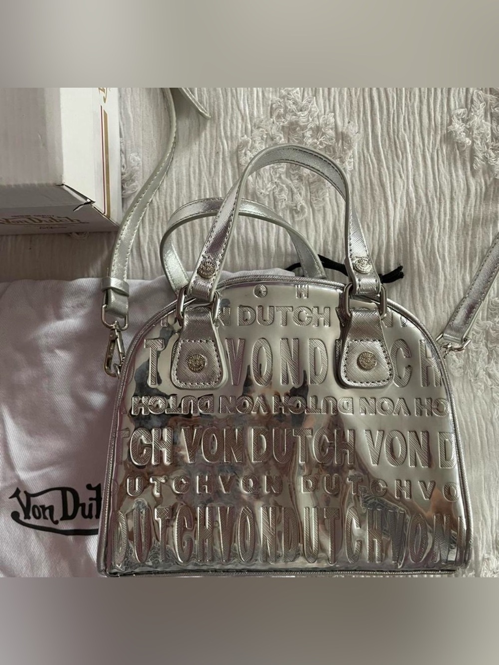 Von Dutch✨🩶🤍Metallic Silver Embossed Crossbody Satchel
